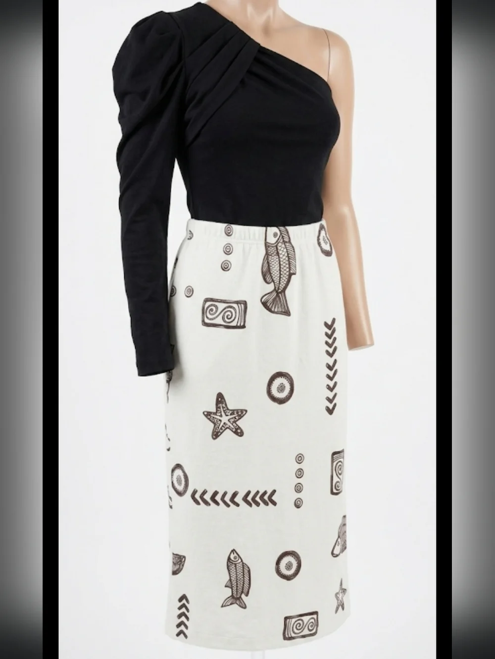 MCM 2 Piece Outfit Sz Small Assymetrical Black Bodysuit & Astec Print Midi Skirt - Picture 1 of 8